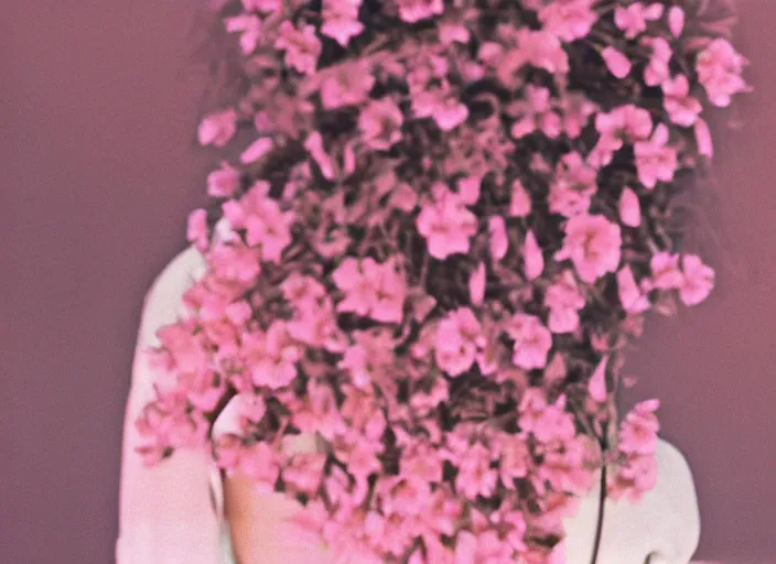 Image similar to extra close-up, color film photography, the back of a woman\'s head with interwoven flowers against a pink wall, daylight, 35mm