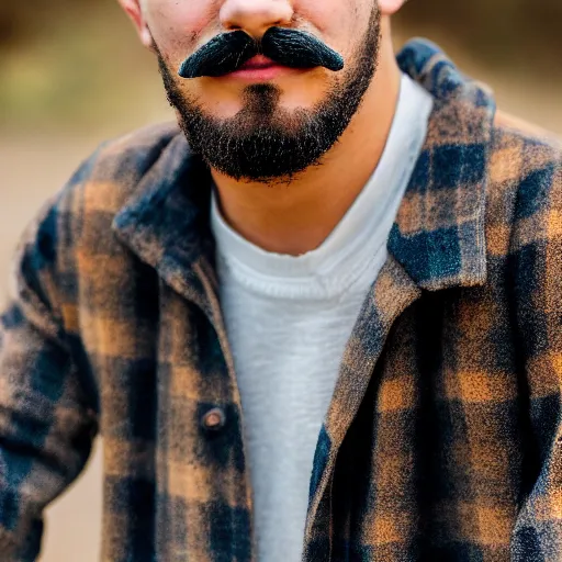 Image similar to Young Sicilian man with curly hair, moustache and a short beard wearing a flannel. Sigma 85mm f_1.4, 4k, portrait photography