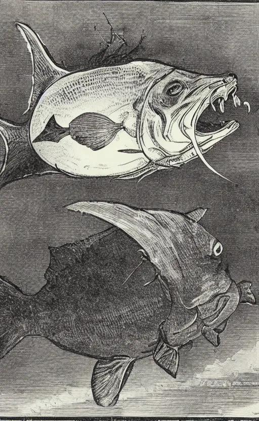 Image similar to illustration of an anglerfish, 1 9 0 0 s, highly detailed