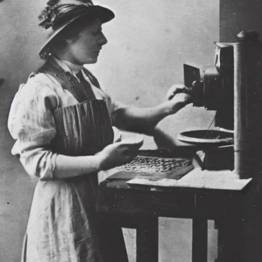 Image similar to an early 1900s photo of someone on a computer making a donut in blender