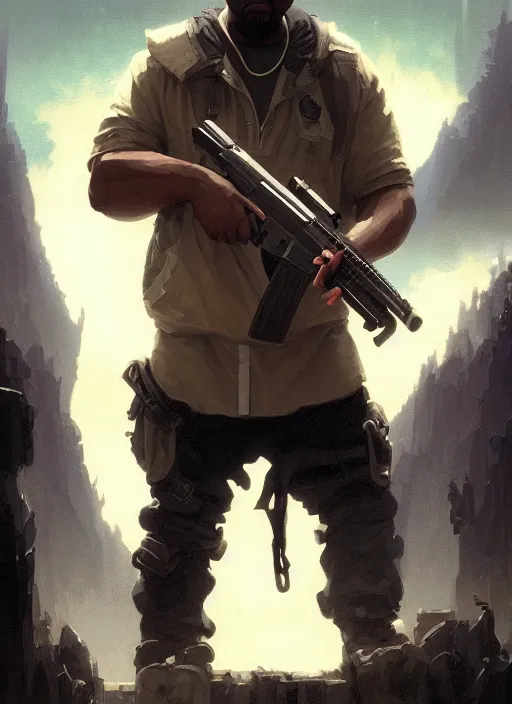 Image similar to highly detailed portrait kanye west holding gun gta v stephen bliss unreal engine fantasy art by greg rutkowski loish rhads ferdinand knab makoto shinkai lois van baarle ilya kuvshinov rossdraws tom bagshaw global illumination radiant light detailed intricate environment