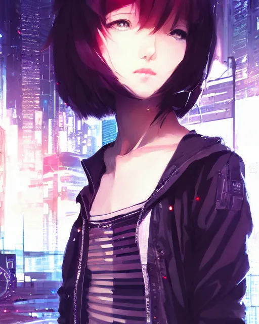 Image similar to kyoto animation, cool girl wearing cyberpunk intricate streetwear, beautiful, detailed portrait, cell shaded, 4 k, concept art, by wlop, ilya kuvshinov, artgerm, krenz cushart, greg rutkowski, pixiv. cinematic dramatic atmosphere, sharp focus, volumetric lighting, cinematic lighting, studio quality