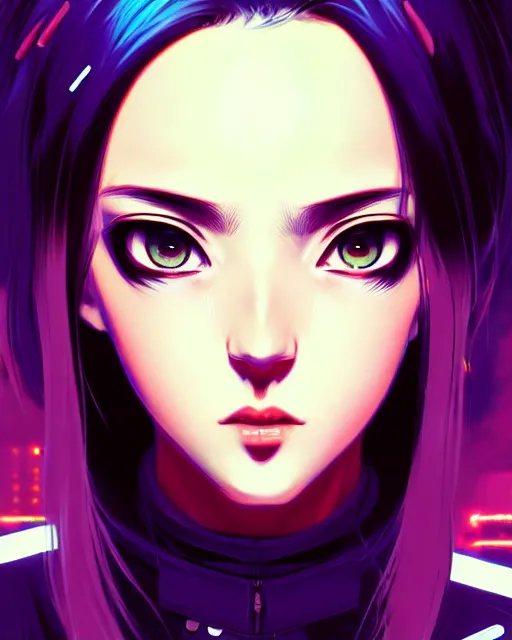 Image similar to a comic potrait of a cyberpunk cyborg girl with big and cute eyes, fine - face, realistic shaded perfect face, fine details. night setting. very anime style. realistic shaded lighting poster by ilya kuvshinov katsuhiro, magali villeneuve, artgerm, jeremy lipkin and michael garmash, rob rey and kentaro miura style, trending on art station