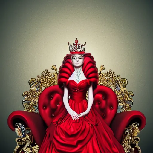 Image similar to realistic human queen, wearing red gown, beautiful, sitting on throne, highly detailed