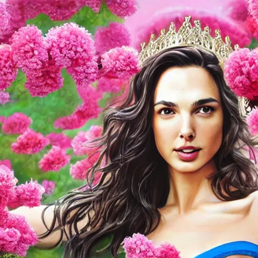 Prompt: fine art oil painting of the beauty gal gadot, she is posing while maintain a sweet eye contact to the camera, she has a crown of flowers, the photo was taken at sunrise with a bokeh effect, by steve mccurry, photorealistic, matte painting, hyper realistic, 4 k, 8 k, cinematic composition, hd, highly detailed, trending on artstation
