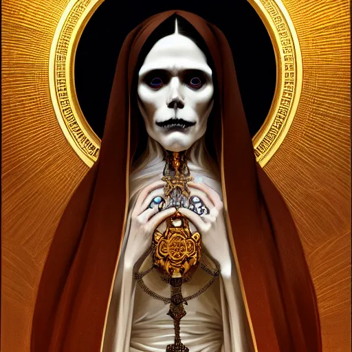 Image similar to symmetry!! portrait of santa muerte, intricate, elegant, highly detailed, my rendition, digital painting, artstation, concept art, smooth, sharp focus, illustration, art by artgerm and greg rutkowski and alphonse mucha