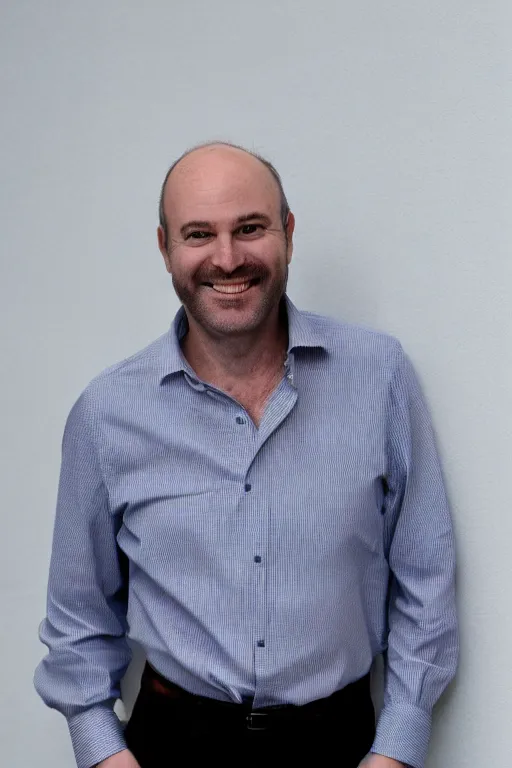 Prompt: full body color photograph of a balding, middle aged, brown haired, hairy, blue eyed, round faced, short white man dressed in a white shirt, grey pants and black dress shoes, smiling at the camera with perfect, straight white teeth, full body portrait, head to toe