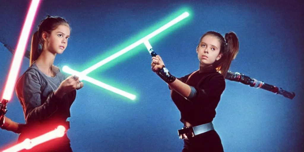 Image similar to a full color still of a teen brunette girl with her hair up holding a lightsaber with a sci-fi battle in the background, cinematic lighting, 1999, directed by Steven Spielberg, 35mm