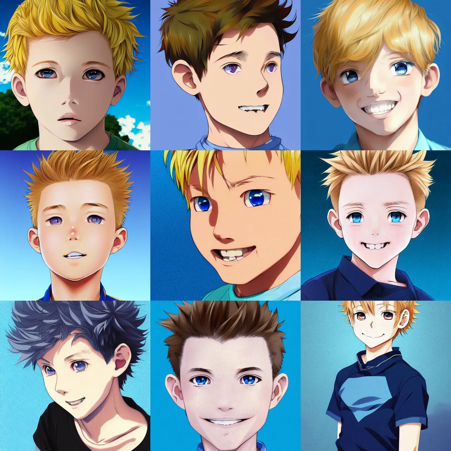 Prompt: A medium shot anime portrait of a young smiling anime boy child with extremely short curly blonde hair and blue eyes, buzzed sides, blue-eyed, very young, medium shot portrait, his whole head fits in the frame, solid color background, flat anime style shading, digital drawing by Stanley Artgerm Lau, WLOP, Rossdraws, James Jean, Andrei Riabovitchev, Marc Simonetti, and Sakimi chan, trending on artstation
