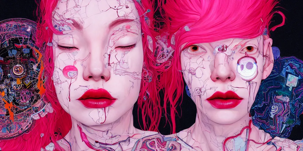 Image similar to full view portrait of a pale cyborg woman crying, in the style of jin kagetsu and james jean, background by beatriz milhazes, highly detailed, big glowing eyes, pink hair, red lipstick, face symmetry, masterpiece, sharp focus, realistic intricate concept art, dramatic lighting, 8 k