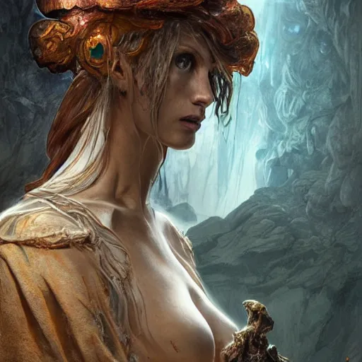 Image similar to ghostly decomposing pirate, head and torso, standing in a grotto, intricate, elegant, highly detailed, digital painting, artstation, concept art, smooth, sharp focus uhd 8 k, art by artgerm and greg rutkowski and alphonse mucha ”