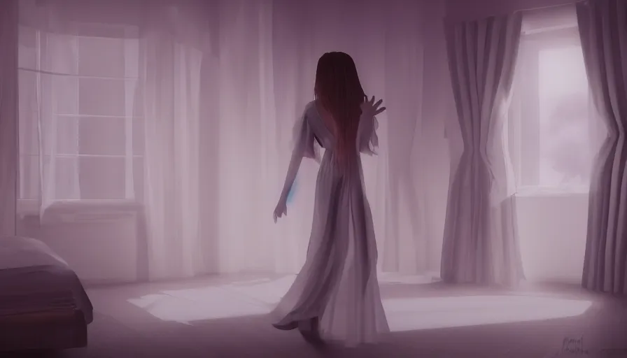 Prompt: woman wearing a gown dancing in her bedroom at night, very detailed, artstation, soft lights, sharp focus, 8 k, unreal engine, heavy grain, fine facial features