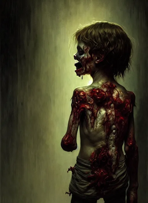 Prompt: a zombie child in a dark living room, diffuse lighting, fantasy, intricate, elegant, highly detailed, lifelike, photorealistic, digital painting, artstation, illustration, concept art, smooth, sharp focus, art by john collier and albert aublet and krenz cushart and artem demura and alphonse mucha