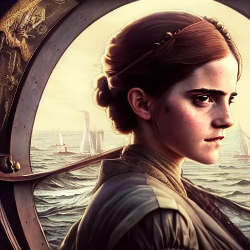 Prompt: A historical very detailed Emma Watson with highly detailed face as a passenger on a very highly detailed Titanic, art by Greg Rutkowski, neoclassical highly detailed, digital concept art, Dimensional cyan gold natural light, sharp focus, Golden Ratio illustration, realistic concept art by Stephen Hickman and James Gurney and Hiromasa Ogura Ghost in the Shell rendered in Octane Render