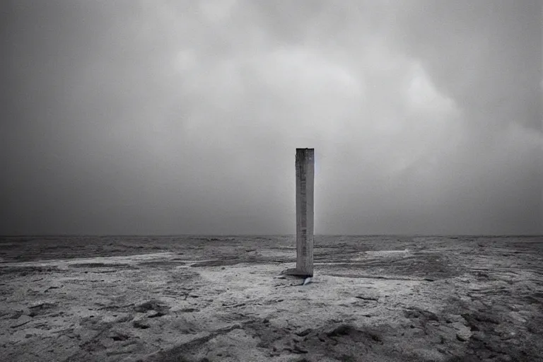 Image similar to high key lighting, ighting storm, danila tkachenko, photograph of an abandonet soviet building bloc in the middle of the ocean,