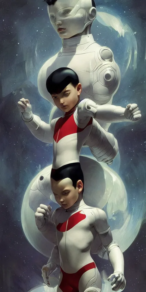 Image similar to astroboy the boy robot with half of his body made of transparent material, intricate, elegant, highly detailed, digital painting, artstation, concept art, smooth, sharp focus, illustration, art by artgerm and greg rutkowski and alphonse mucha and william - adolphe bouguereau