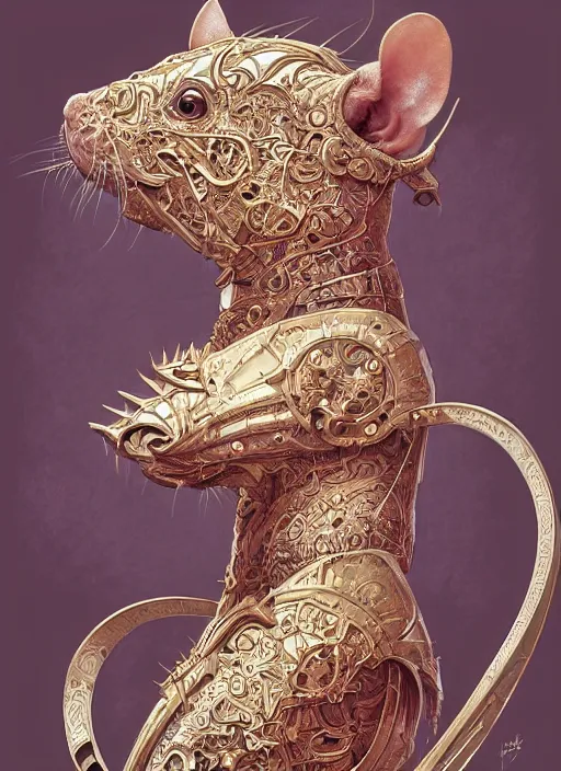 Image similar to symmetry!! portrait of a pet rat wearing detailed ornate armor, intricate, elegant, highly detailed, my rendition, digital painting, behance, concept art, smooth, sharp focus, illustration, art by artgerm and greg rutkowski and alphonse mucha and huang guangjian and gil elvgren and sachin teng