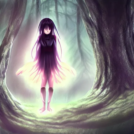 Image similar to plasma body, anime spectral female character, emerge from big old creepy tree, mist aura, black eyes melt, full body portrait, photorealistic,