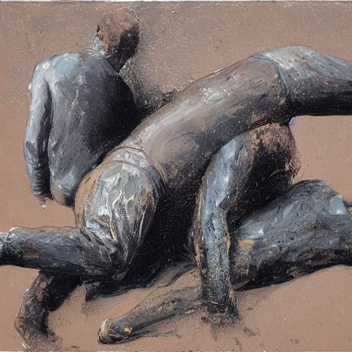 Image similar to 3 drunks fall over mud - wrestling,, oil painted ( ( ( ( ( ( by richard serra ) ) ) ) ) )