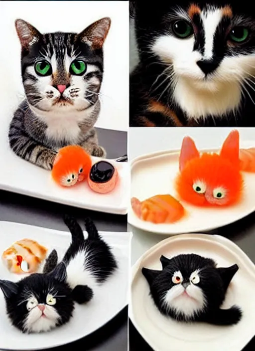 Image similar to clear photorealistic picture of adorable cats made out of sushi