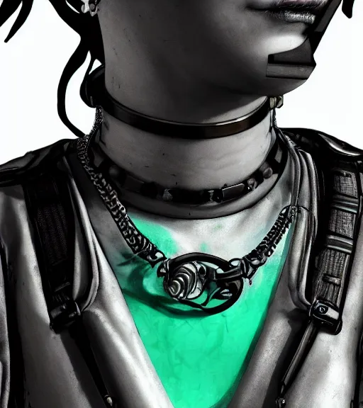 Image similar to detailed realistic cyberpunk female character cyberpunk wearing steel collar around neck, realistic, art, beautiful, 4K, collar, choker, collar around neck, punk, artstation, detailed, female, woman, choker, cyberpunk, neon, punk, collar, choker, collar around neck, thick collar, choker around neck, wearing choker, wearing collar, bright neon punk hair,