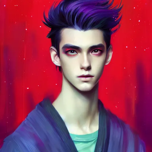 Image similar to colorful and festive captivating teenager boy with straight indigo hair, purple eyes with red eye markers, slim body, wearing a detailed japanese kimono. rich vivid colors, ambient lighting, dynamic lighting, 4 k, atmospheric lighting, painted, intricate, highly detailed by charlie bowater