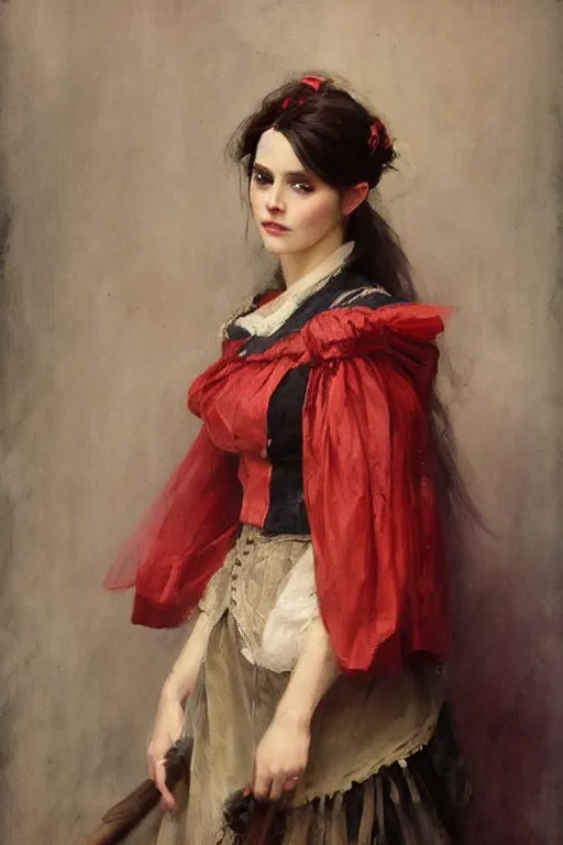 Prompt: Solomon Joseph Solomon and Richard Schmid and Jeremy Lipking victorian genre painting full length portrait painting of a young beautiful woman traditional german french pirate wench in fantasy costume, red background