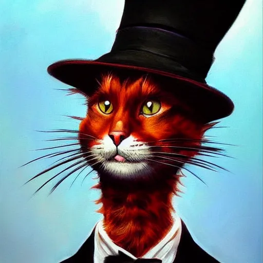 Prompt: an ultra - realistic portrait painting of the cat in the hat in the style of frank frazetta. 4 k. ultra - realistic. highly detailed. dark fantasy. epic lighting.