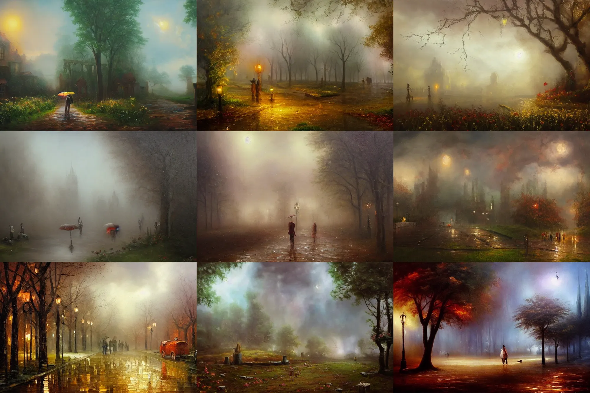 Prompt: An oil painting of a magical scene, the background was ruined by rain and fog, surrealism, cinematic world