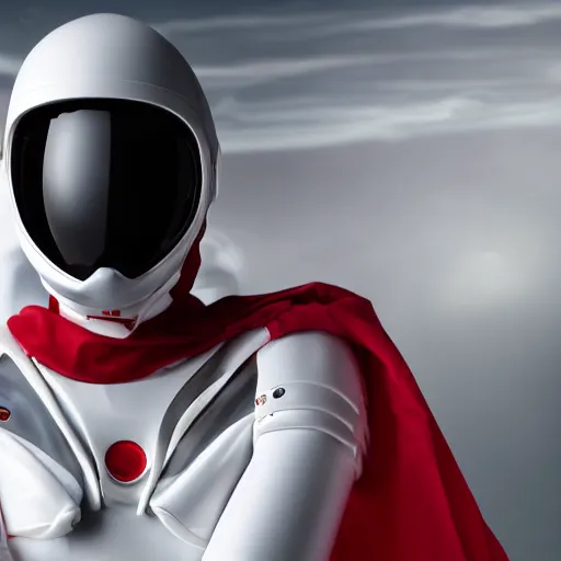 Image similar to portrait of a athletic female soldier in glossy sleek white armor with tiny red details and a long red cape, heroic posture, on the surface of mars, night time, dramatic lighting, cinematic, sci-fi, hyperrealistic