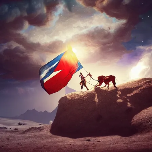 Image similar to A hyper real comic book style portait painting of a persian cat man riding a horse on the moon, Chile flag on the ground, unreal 5, hyperrealistic, octane render, cosplay, RPG portrait, dynamic lighting