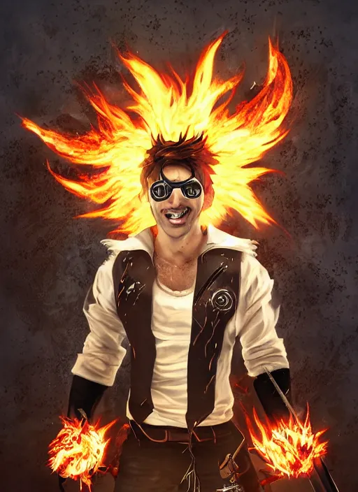 Image similar to An epic fantasy comic book style portrait painting of young man with red spiked long hair, using an orange lens googles. Wearing white shirt, a black waistcoat, brown pants and black boots. He is throwing a wild fire blast from his hands, with a vicious smile in face. Unreal 5, DAZ, hyperrealistic, octane render, cosplay, RPG portrait, dynamic lighting