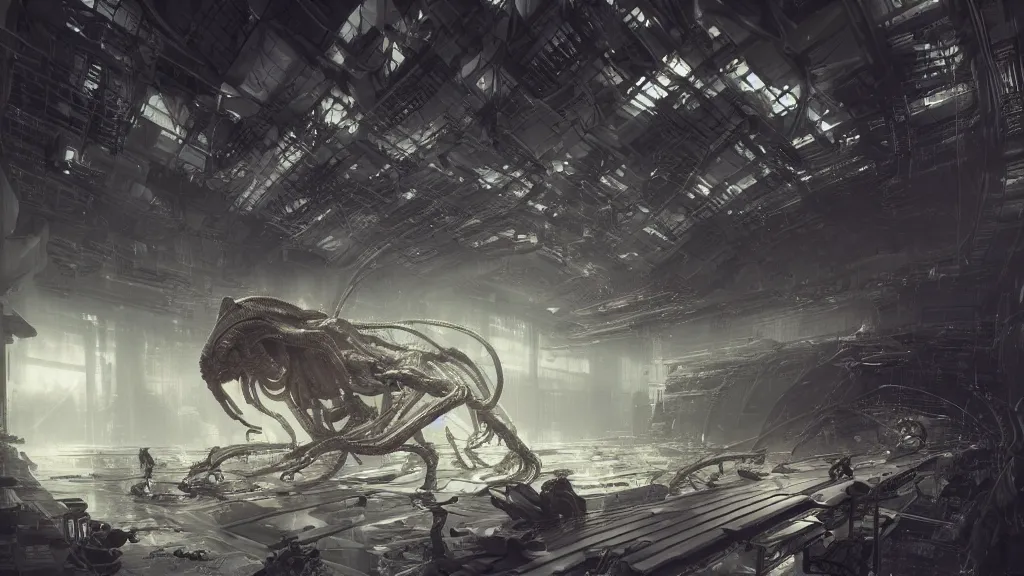 Prompt: a Photorealistic dramatic hyperrealistic,hyper detailed render by Greg Rutkowski,Craig Mullins of an Epic Sci-Fi, Gigantic Alien xenomorph spaceship inside huge interior hangar,intricate bio mechanical surface details,many tubes and cables hanging from the ceiling by,ILM,Beautiful dynamic dramatic moody lighting,Volumetric,Cinematic Atmosphere,Octane Render,Artstation,8k