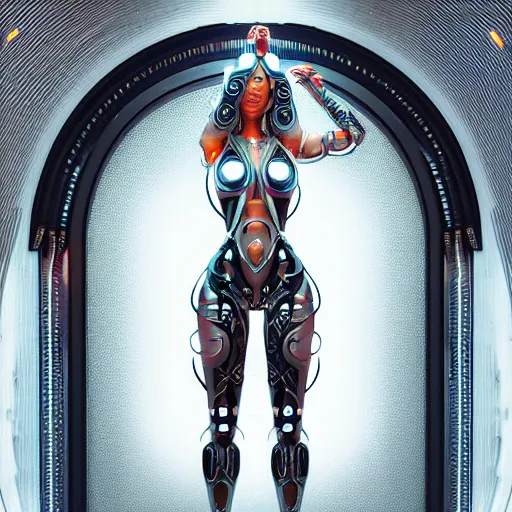 Prompt: symmetrical feminine cyborg goddess rendered in Cinema 4D and Octane and Unreal Engine 5, elegant cybernetic body and ornate futuristic outfit, glowing white neon eyes, platinum and obsidian flowing long hair, art by Artgerm, Beeple and Alphonse Mucha, hyperrealism, full body photogenic shot, digital render, cinematic lighting ornate earrings, 8k resolution, masterpiece work