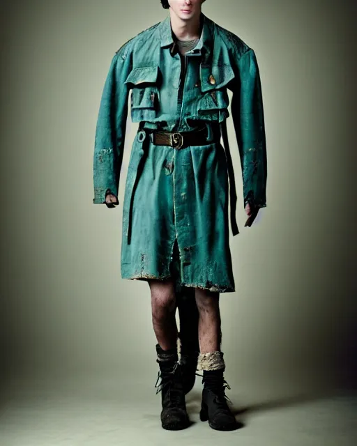 Image similar to an award - winning photo of an ancient male model wearing a plain baggy teal distressed medieval designer menswear military jacket designed by alexander mcqueen, 4 k, studio lighting, wide angle lens, 2 0 0 4