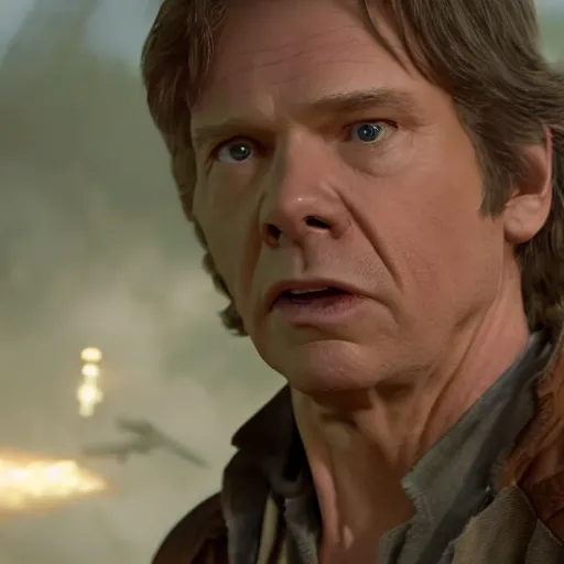 Prompt: han solo played by photo real steve buscemi, motion blur runs through massive battlefront, mcu style, explosions, fire, real life, spotted, ultra realistic face, accurate, 4 k, movie still, uhd, sharp, detailed, cinematic, render, modern