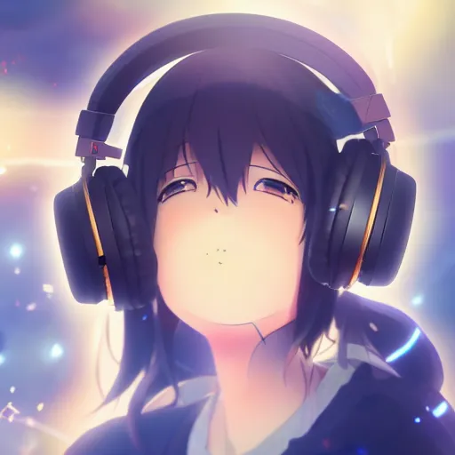 KREA - an anime music producer with headphones on, official art, key  visual, studio lightning, very detailed bd cover, Kimi no Na Wa,  hyperrealistic, artstation, caustics, trending on Artstation, 8K, octane  renderer