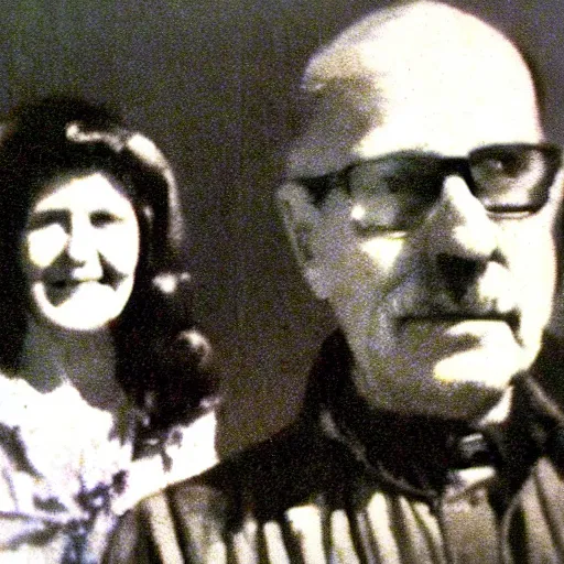 Prompt: grandma and grandpa look weird, found footage, 8 mm, analog, vintage, creepy