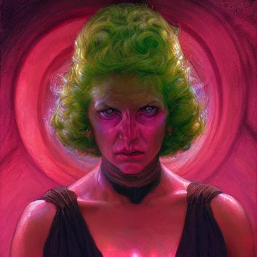 Image similar to portrait of a woman with eyes glowing magenta, and plasma hands magenta, by donato giancola.