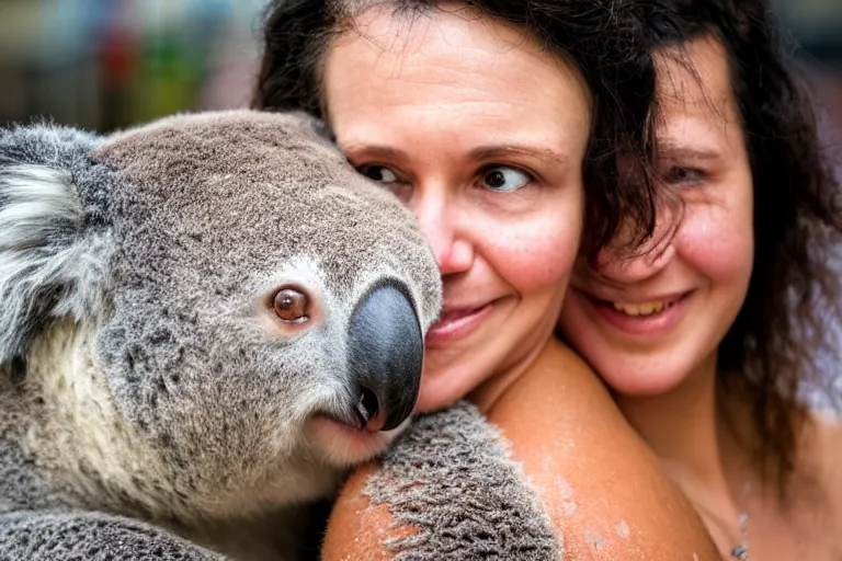 Image similar to closeup portrait of a woman carrying a koala over her head and shoulders in a flood in Rundle Mall in Adelaide in South Australia, photograph, natural light, sharp, detailed face, magazine, press, photo, Steve McCurry, David Lazar, Canon, Nikon, focus