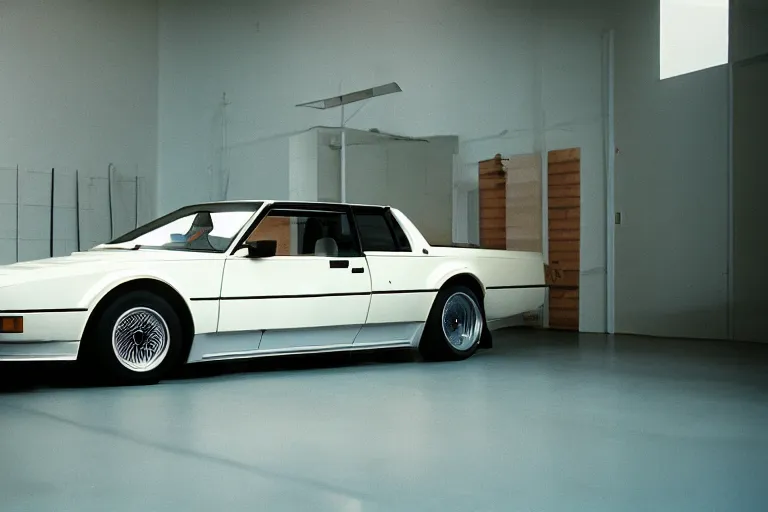 Prompt: single Formula 1, 1984 BMW M1 Lincoln Continental, inside of a minimalist Tokyo garage, ektachrome photograph, volumetric lighting, f8 aperture, cinematic Eastman 5384 film