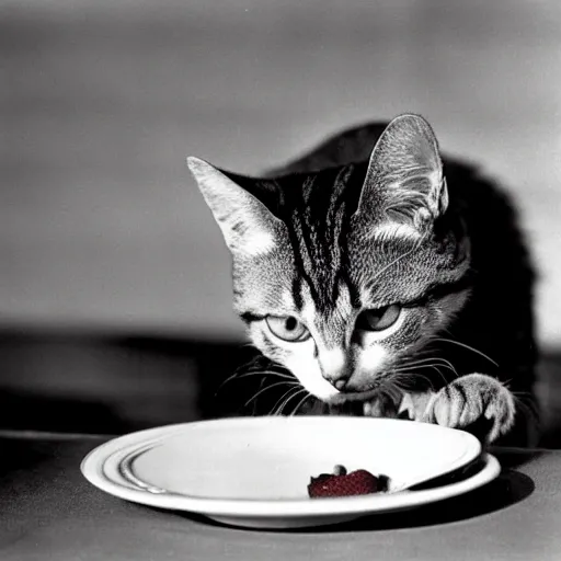 Image similar to 1 9 5 0 s kodachrome photograph of a cat eating strawberries. close up