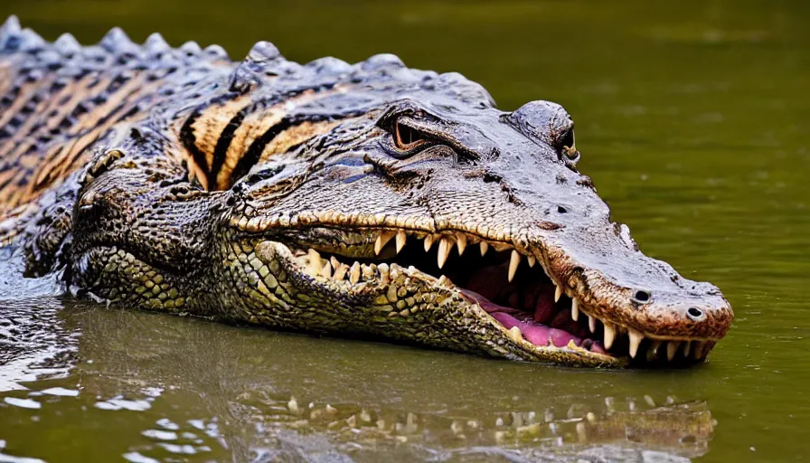 Image similar to an alligator tiger!!! hybrid! hyper realistic!! realistic lighting!! wildlife photographer of the year!!! bold natural colors, national geographic, hd, wide angle, 8 k