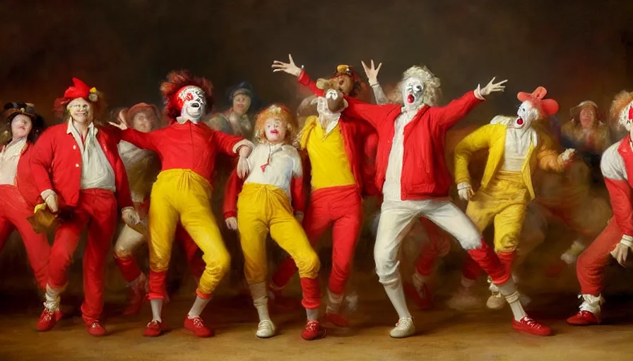 Image similar to highly detailed painting of a group of ronald mcdonalds with red afros, white facepaint, red noses and yellow tracksuits line dancing at a hoedown by william turner, by greg rutkowski, by william constable, thick brush strokes and visible paint layers, 4 k resolution