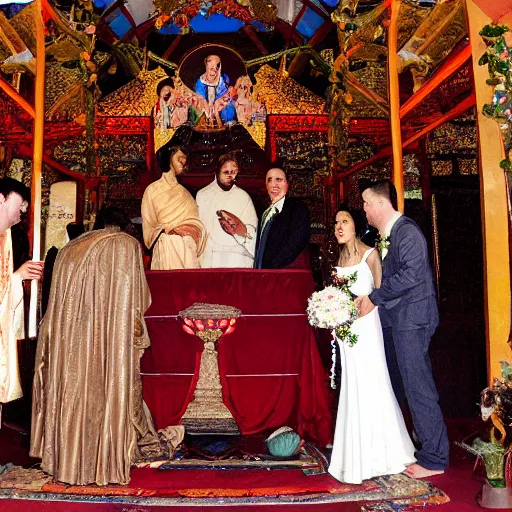 Image similar to Jesus Christ the groom marrying Buddha the bride, wedding photo