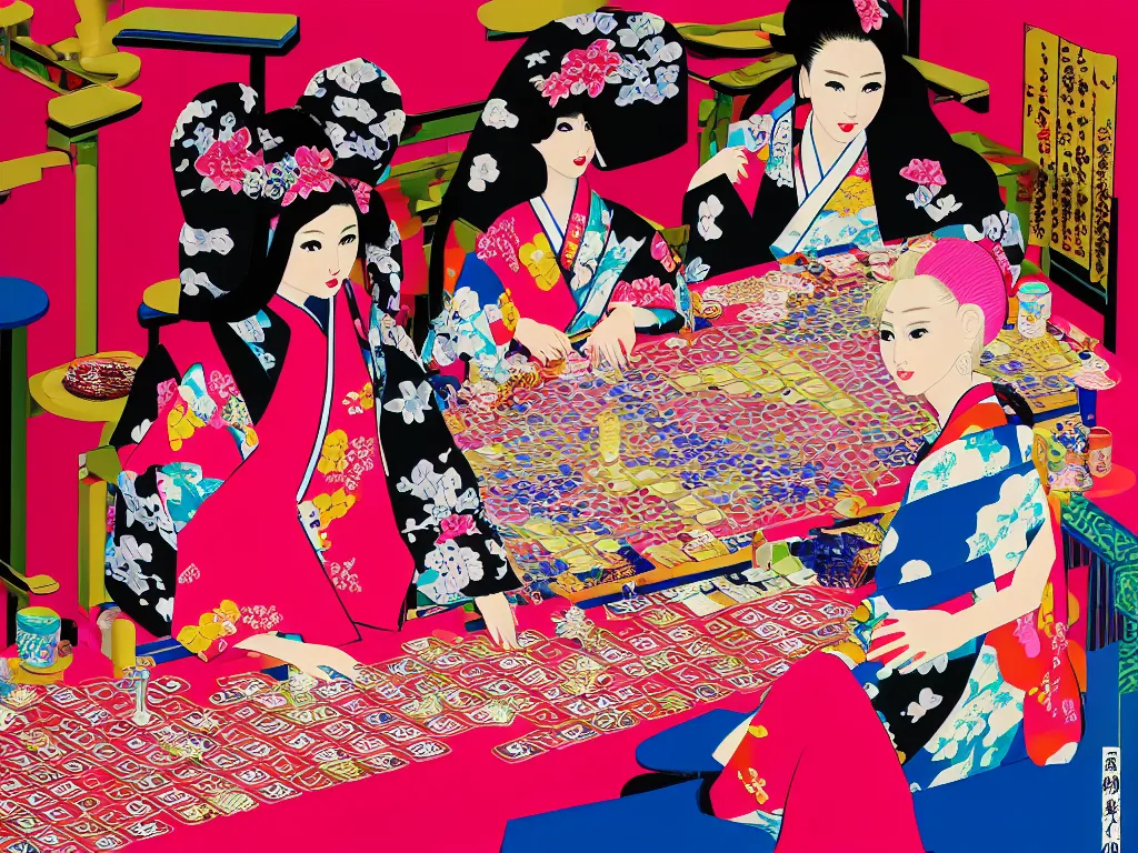 Image similar to hyperrealism composition of the detailed single woman in a japanese kimono sitting at an extremely detailed poker table with barbie, fireworks and folding screen on the background, pop - art style, jacky tsai style, andy warhol style, acrylic on canvas