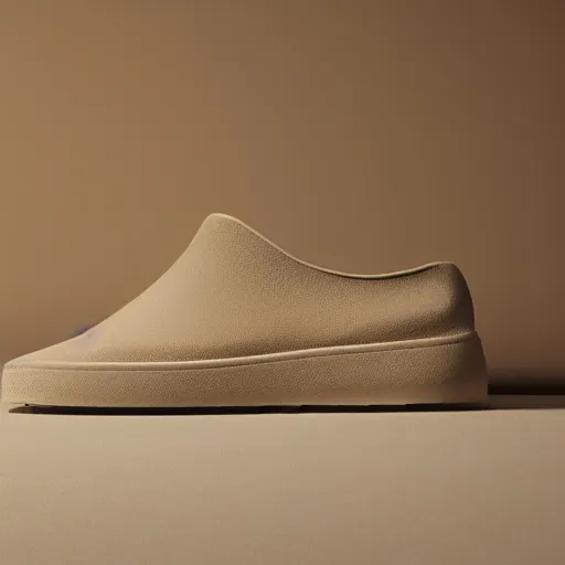 Image similar to a distinctively curved silhouette desert sand color shoe, upper of the shoe is made from a lightweight foam material, which gives the shoe its unique look. the foam material used on the midsole and outsole of the shoe, foam - based slip - on shoe, looks like a crocs, studio lighting, studio portrait