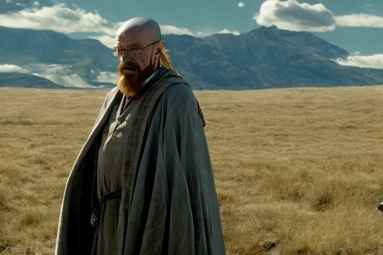 Image similar to film still of walter white as gandalf in the fellowship of the ring, cinematic, movie frame, rule of thirds, 8 k