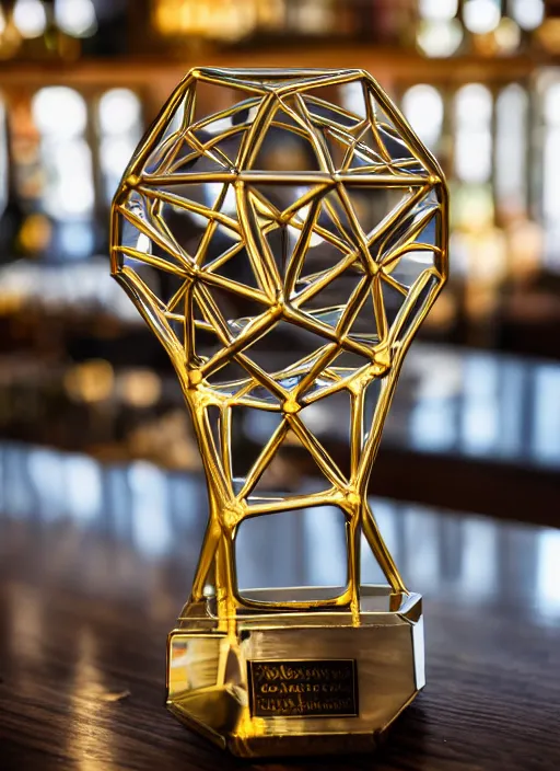 Image similar to a reflective symmetrical polyhedral 3 d printed steel engineering trophy at a high end bar in a medieval themed castle in golden afternoon light, professional food photography