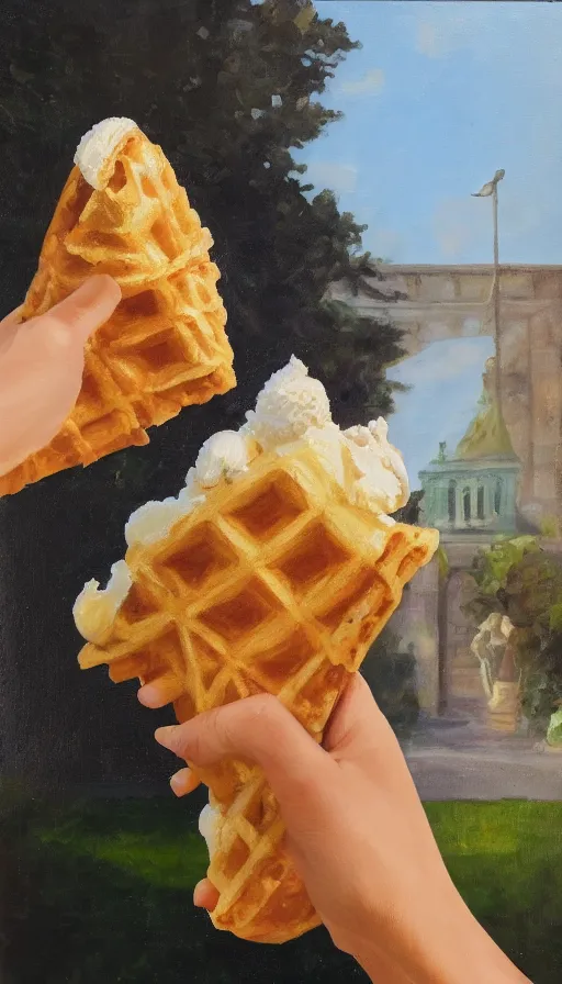 Image similar to still-life painting of hand holding a waffle cone containing gelato scoops by Krøyer, lush garden in the background, golden hour, dramatic lighting, volumetric lighting, intricate detail, canvas print